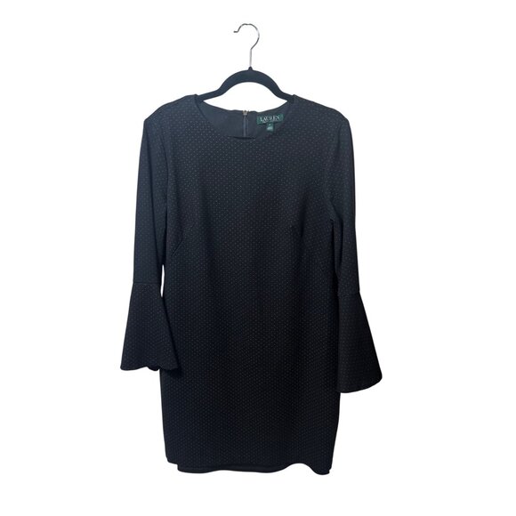 Lauren Ralph Lauren Black Polka Dot Ponte Dress Bell Sleeves Size 14 - Picture 3 of 7